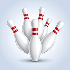 Illustration shows clustered bowling pins, gleaming white with red stripes, set against a soft blue gradient backdrop