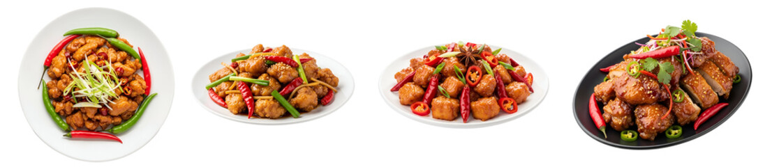 Fototapeta premium Four different Asian-style dishes on various plates on transparent background