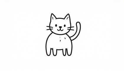 Fototapeta premium Simple black-and-white cartoon drawing of a smiling cat with large round eyes, pointed ears, curved tail, and minimal line details—ideal for children’s coloring books or drawing tutorials.