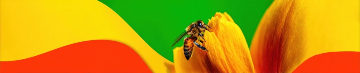 Honey bee gathering nectar on vibrant yellow flower in a garden setting, macro wildlife for environmental education and conservation awareness banner