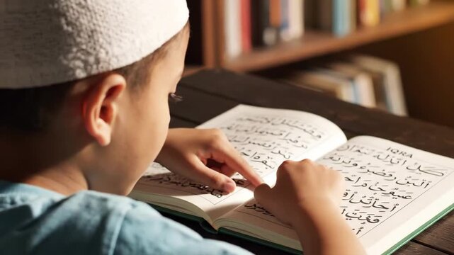 Cinematic 4K Close Up of a Young Muslim Boy Reading the Holy Quran and Studying Islamic Text for Ramadhan Reflection