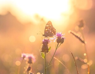 Butterfly rests on flower illuminated by golden sunlight