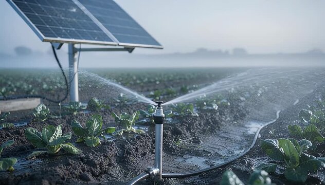 A solar-powered irrigation system watering a misty agricultural field with sprinklers, showcasing sustainable farming technology.