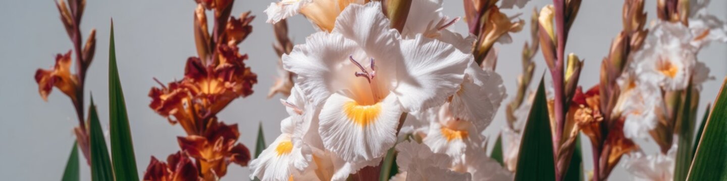 White Gladiolus Flower Closeup with Yellow Center on Neutral Studio Background for Textile Pattern Design and Floral Ecommerce Website Header