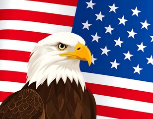 Cartoon bald eagle facing right with a US flag in background