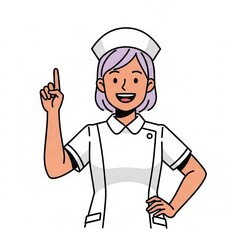 Cheerful healthcare professional in uniform pointing upward with one hand