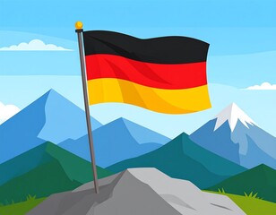 Cartoon illustration featuring the German flag atop a mountain, blue sky