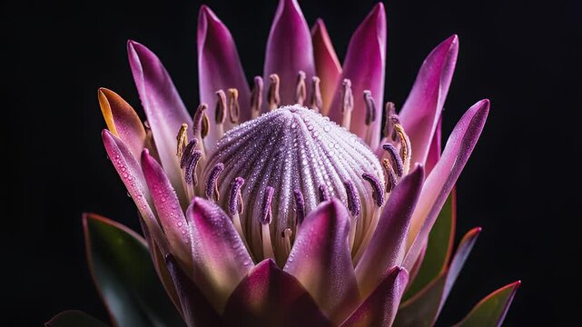 Vibrant Protea Flower Closeup on Black.