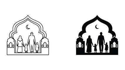 Family standing under islamic arch with crescent moon