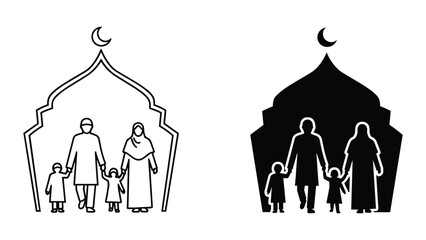 Muslim family standing together under mosque silhouette