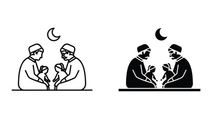 Two men breaking fast together under the moonlight