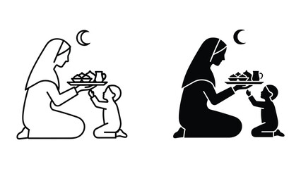 Mother and child sharing food under crescent moon