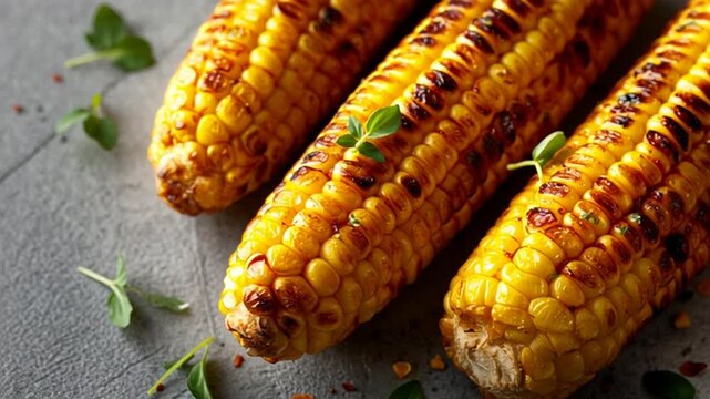 Grilled Corn on the Cob with Herbs and Spices on a Gray Surface