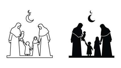 Family standing together under crescent moon