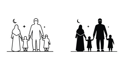 Happy muslim family holding hands together under crescent moon