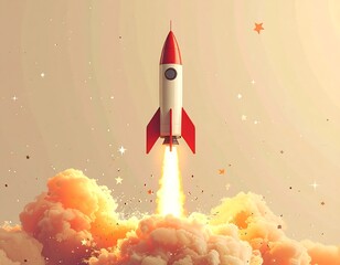 Cartoon rocket blasting off amidst an explosion and scattered stars