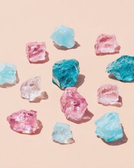 Fototapeta premium Colorful translucent candy rocks on a peach background with copy space for religious holiday banners, minimal still life design for Purim or Hanukkah celebrations