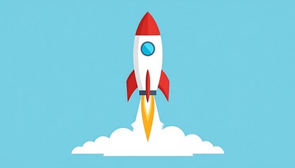 Cartoon rocket blasting off with exhaust and smoky cloud, blue background