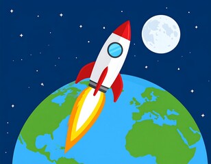 Cartoon rocket soaring towards a full moon, rising from Earth