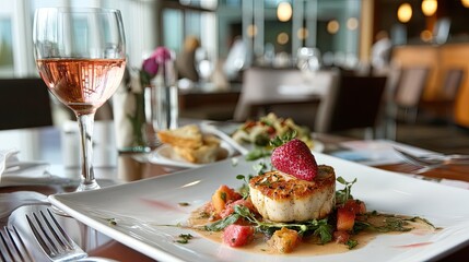 A plate of seafood with a glass of rose wine on a dining table.