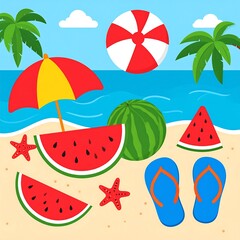 Cartoon summer scene with beach, watermelon, and beach accessories