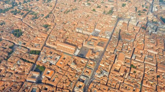 Bologna, Italy. Old Town. Basilica of San Petronio, Piazza Maggiore. Panoramic view of the city. Summer. Drone footage