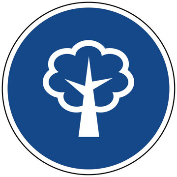 Vektor blaues rundes Schild mit wei&szlig;em Baum Symbol f&uuml;r Natur Umwelt &Ouml;kologie Nachhaltigkeit Wald Pflanze