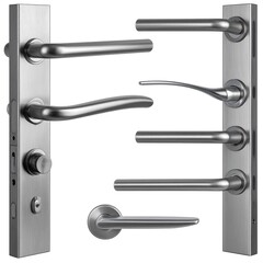 Five metallic door handles, of varying shapes and designs, set against a white backdrop; hardware and design elements