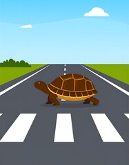 Cartoon tortoise crossing a pedestrian walkway on a long highway