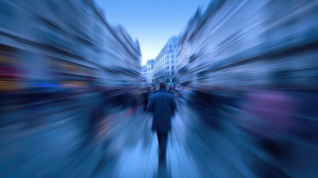 A man walking through a busy city street with buildings on either side.