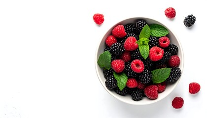 Fresh raspberries and blackberries in a bowl with mint leaves, isolated on white background, overhead shot