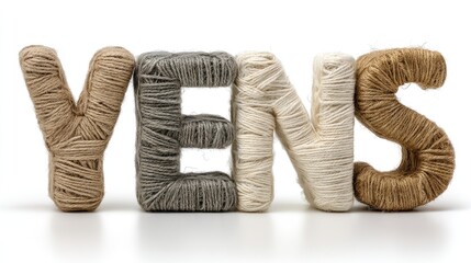 The word 'YENS' made of yarn on a white background.