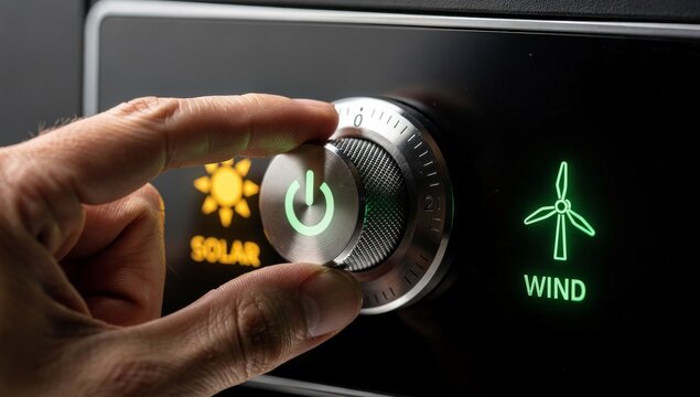 Hand turning a metallic control dial knob to switch between glowing solar sun and wind turbine symbols, representing the transition to renewable energy sources.
