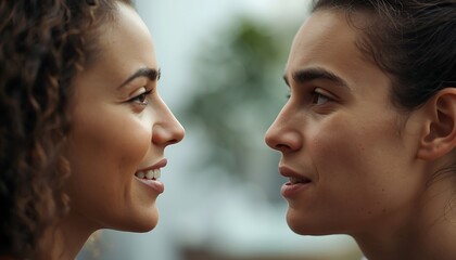 Fototapeta premium Two smiling women in close profile look joyfully at each other, sharing a pleasant and warm moment.