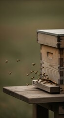 Bees Around a Wooden Beehive in a Garden Setting.