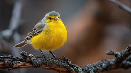 A yellow and gray bird perched on a branch with a blurred background.