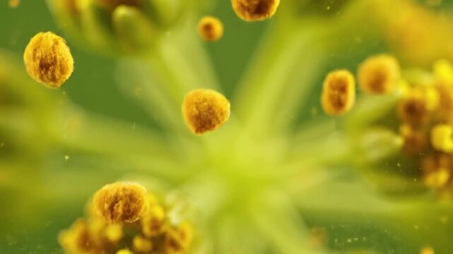 Pollen Grains Settling on Surface A macro view of a vibrant burst of pollen landing and accumulating on a textured natural surface, such as a leaf or water droplet.