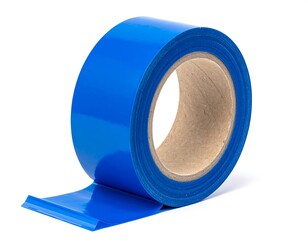 Glossy, bright blue tape roll with a short starting strip, lying on white surface, casting a small shadow