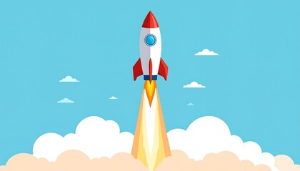Cartoon rocket blasting off amidst fluffy clouds and blue sky