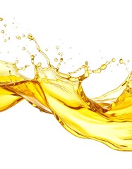 Golden liquid with dynamic splash, a wave-like motion frozen in time against a pure white background