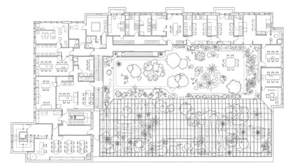 Botanical Research Facility Floor Plan Black Line Art with Greenhouse Trees