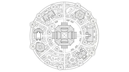 Modular Nature Lodge Floor Plan Black Continuous Line Art with Tree-Separated Units