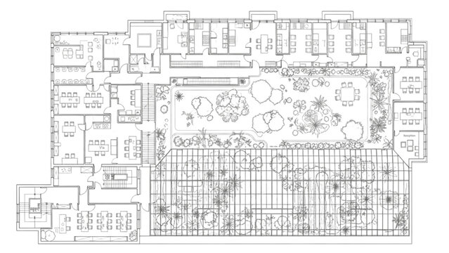 Botanical Research Facility Floor Plan Black Line Art with Greenhouse Trees