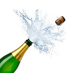 Green bottle erupts, spraying clear liquid skyward with a cork mid-flight, isolated on a pure white background