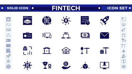 Fintech solid icon set. Containing digital banking, cryptocurrency, mobile payment, regtech, blockchain, robo-advisors, financial services, and more.