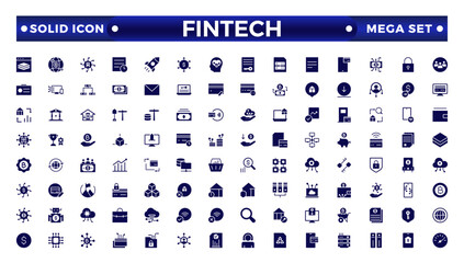 Fintech solid icon set. Containing digital banking, cryptocurrency, mobile payment, regtech, blockchain, robo-advisors, financial services, and more.
