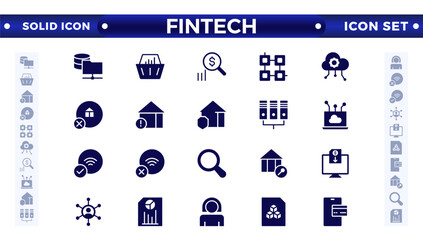 Fintech solid icon set. Containing digital banking, cryptocurrency, mobile payment, regtech, blockchain, robo-advisors, financial services, and more.