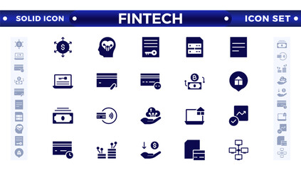 Fintech solid icon set. Containing digital banking, cryptocurrency, mobile payment, regtech, blockchain, robo-advisors, financial services, and more.