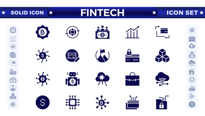 Fintech solid icon set. Containing digital banking, cryptocurrency, mobile payment, regtech, blockchain, robo-advisors, financial services, and more.