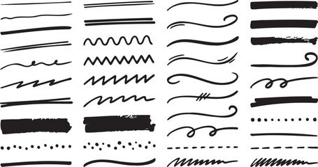 Obraz premium Black vector hand drawn underline strokes, wavy lines, scribbles, and brush marker elements set isolated on white